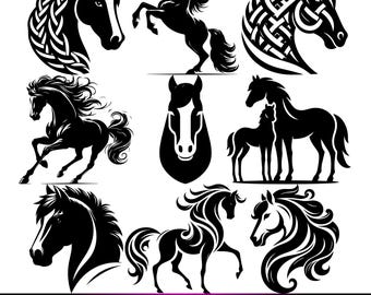Paquete de 200 SVG de caballos / Silueta de cabeza de caballo SVG PNG PDF / Clipart de semental / Archivos de corte Cricut / Diseño de logotipo de tatuaje Descargar