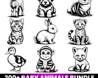 Paquete de más de 200 archivos SVG de animales bebés, imágenes prediseñadas de animales lindos en formato PNG, archivos SVG de animales para guardería, animales del bosque estilo Kawaii, archivos de corte para Cricut, contornos de animales para niños.