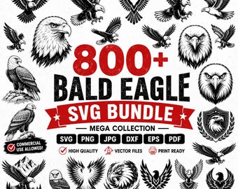 800 Bald Eagle Bundle, Patriotic PNG Clipart, American Cricut Files, Hunting Veteran Wildlife Designs, Dxf Eps
