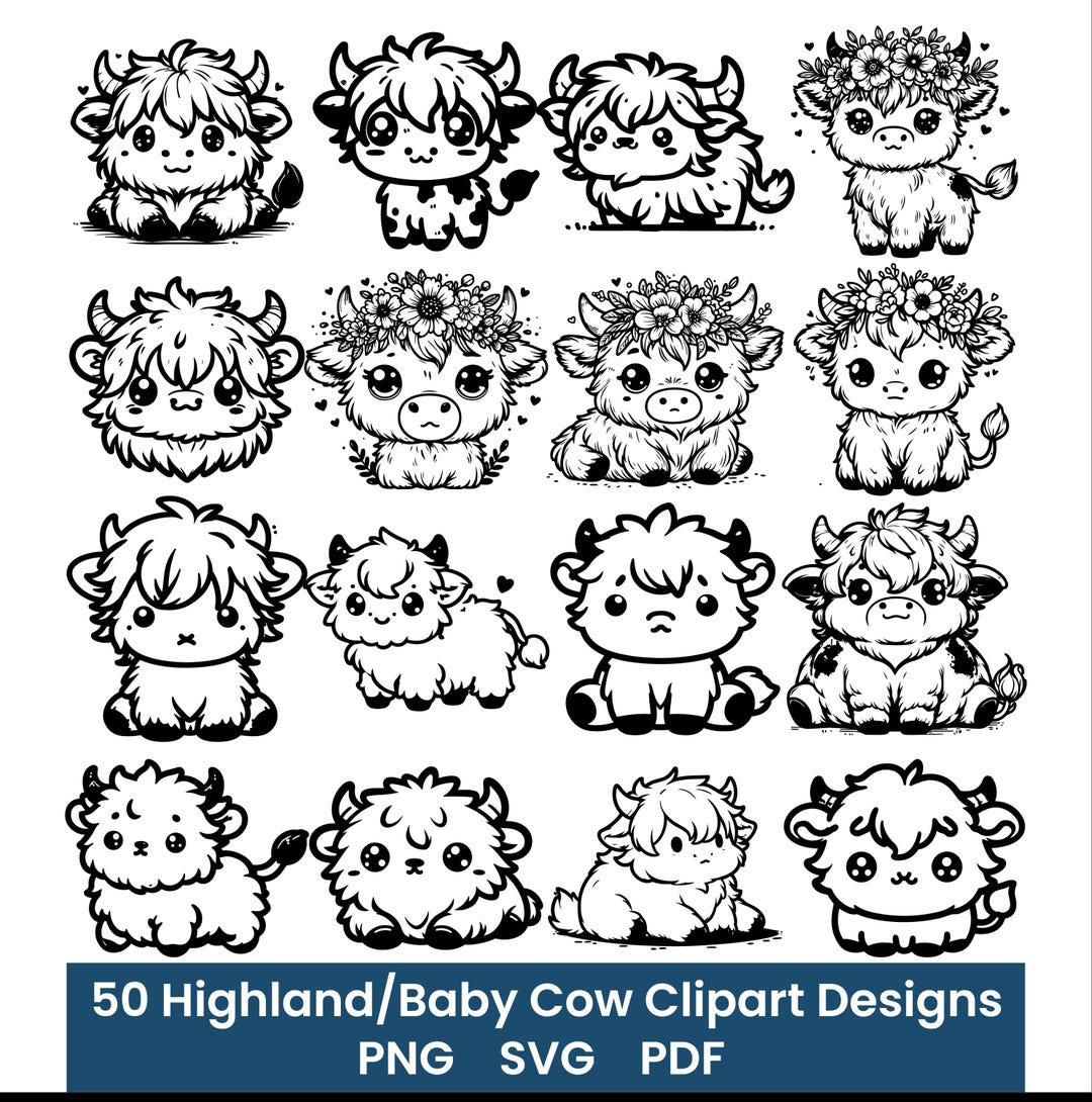 50 Highland Cow Clipart Bundle | Cute Baby Cow PNG SVG PDF | Farm ...