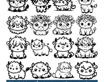 50 Highland Cow Clipart Bundle | Cute Baby Cow PNG SVG PDF | Farm Animal Clipart | Nursery Cow Art | Cricut & Sublimation