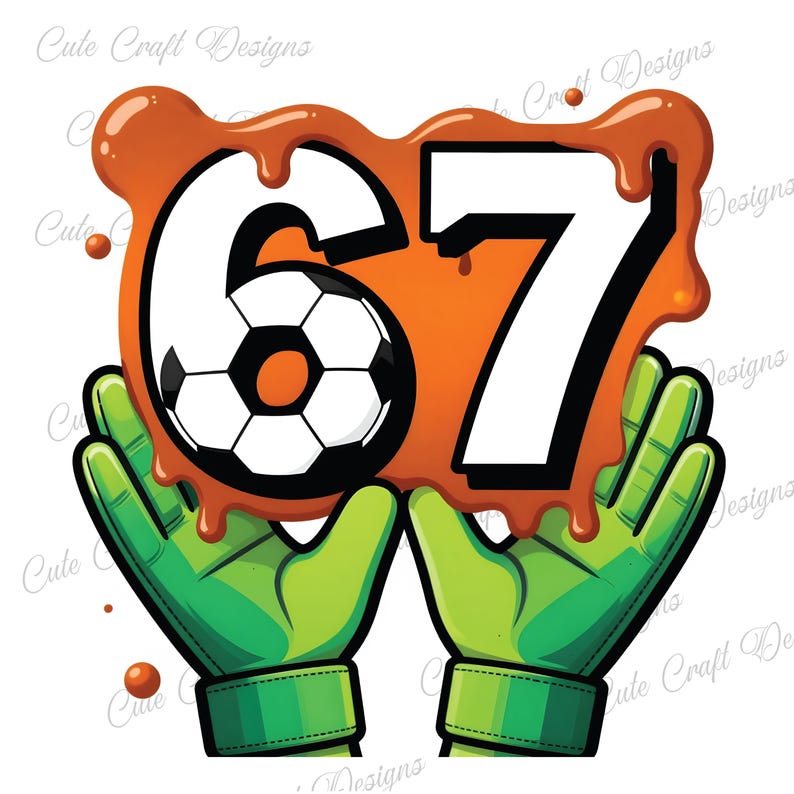 May include: A digital illustration featuring the numbers 67 in white, with a soccer ball replacing the zero in the number 6. The numbers are set against an orange background with a dripping effect, held by green goalkeeper gloves.