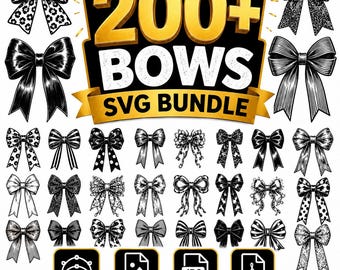 200+ Coquette Bow SVG Bundle | Black Ribbon Bow SVG, Hair Bow Clipart, Cute Preppy Bow PNG, Cricut Files, Silhouette, Jpg, Pdf
