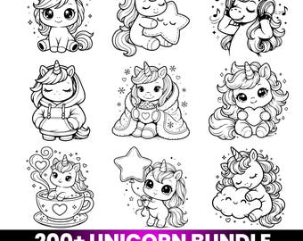 Paquete de más de 200 lindos archivos SVG de unicornios, imágenes prediseñadas de unicornios kawaii, unicornios bebés en formato PNG y PDF, archivos de corte para Cricut, páginas para colorear imprimibles, diseño para Silhouette.
