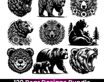 Paquete de 120 imágenes SVG de oso, paquete PNG de oso, imágenes prediseñadas de oso grizzly, diseños de tatuajes de oso y archivos de corte de silueta de Cricut.