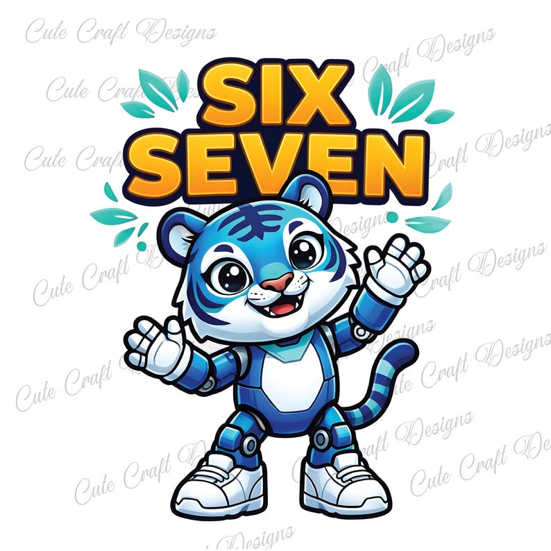 May include: A cartoon illustration of a blue tiger-like character with the words "SIX SEVEN" in orange. The character has white sneakers and is waving. The background is white.