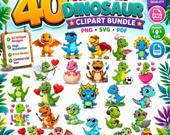 Kawaii Dinosaur Clipart Bundle PNG SVG PDF | Cute Baby Dino Clipart | Cartoon Dinosaur Graphics | Cricut Sublimation | Instant Download