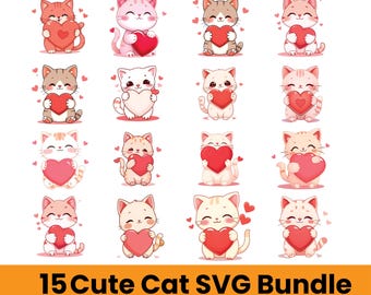 Kawaii Valentine Cat SVG Bundle | Heart Designs (svg, png, pdf)