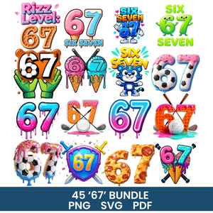 Puede incluir: Colección de gráficos digitales coloridos con el número 67, con diseños variados como helados, balones deportivos y pizza. Los diseños también incluyen los textos "Rizz Level" y "Six Seven". El paquete incluye archivos PNG, SVG y PDF.