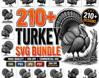 Turkey SVG Bundle 210+ Designs, Thanksgiving Turkey PNG Clipart, Fall Cricut Cut Files, Sublimation Turkey Silhouette