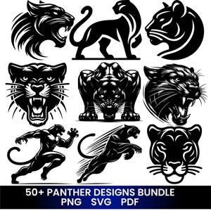 May include: A collection of black panther designs in various poses and styles. The images include detailed illustrations of panther heads, full body silhouettes, and dynamic action poses. Text at the bottom reads "50+ PANTHER DESIGNS BUNDLE PNG SVG PDF".
