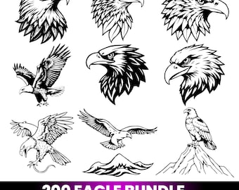 Paquete de 200 SVG de águila calva / Siluetas y clipart de águila americana / Archivos de corte de aves patrióticas de EE. UU. para Cricut, silueta SVG, PNG, PDF digital