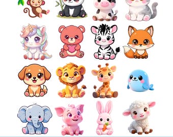 Paquete de 50 imágenes prediseñadas de animales kawaii lindos / Animales bebés PNG SVG PDF / Imágenes prediseñadas de guardería / Animales de dibujos animados / Descarga digital