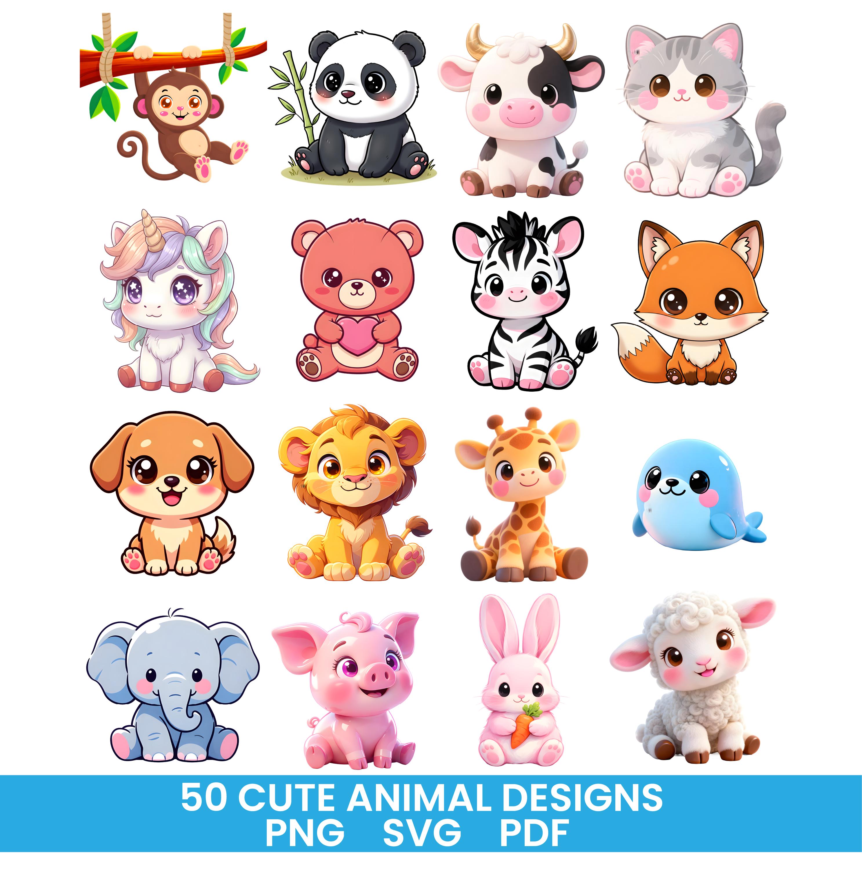 50 Cute Kawaii Animal Clipart Bundle | Baby Animals PNG SVG PDF ...