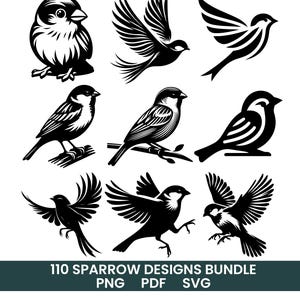 May include: Nine black and white sparrow illustrations in different poses, such as perched and in flight. The image includes the text "110 SPARROW DESIGNS BUNDLE PNG PDF SVG".