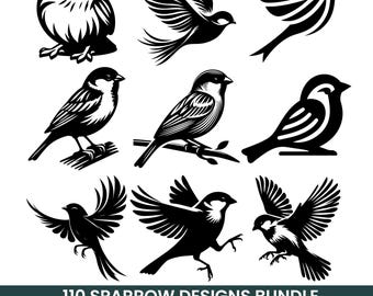 Paquete de 110 gorriones SVG / Pájaro SVG PNG PDF / Clipart de gorrión volador / Diseños minimalistas de pájaros / Archivos de silueta de Cricut para descarga digital