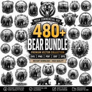 May include: A digital collection of 480+ bear illustrations in black and white, featuring various bear poses, forest landscapes, and ornate frames. The central text reads MEGA COMMERCIAL USE 480+ BEAR BUNDLE PREMIUM VECTOR COLLECTION.