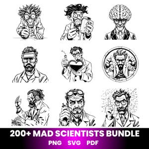 May include: Black and white illustrations of cartoon mad scientists in lab coats. The images depict scientists with wild hair, goggles, and various lab equipment. Text at the bottom reads "200+ MAD SCIENTISTS BUNDLE" with file type options.