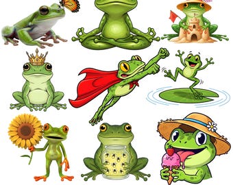 Paquete de más de 50 diseños SVG de ranas adorables, imágenes prediseñadas PNG de ranas, personajes de ranas divertidas, archivos de corte SVG de ranas kawaii para Cricut, PNG para sublimación, uso comercial.