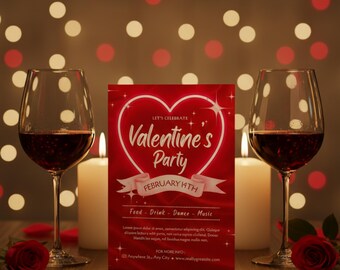 Editable Valentine’s Day Party Invitation Canva Template | Galentine Hearts Dinner Party Invite | Coquette Valentine Birthday Card  Download