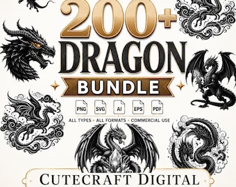 Dragon SVG Bundle 200 Designs, Fantasy Dragon Clipart PNG, Medieval Dragon SVG, Tattoo Dragon Vector, Cricut Silhouette Laser Cut File Gift