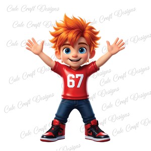 May include: A cartoon illustration of a boy with bright orange hair and blue eyes, wearing a red shirt with the number 67, blue jeans, and red and black sneakers. The boy has his arms raised in a gesture of joy.