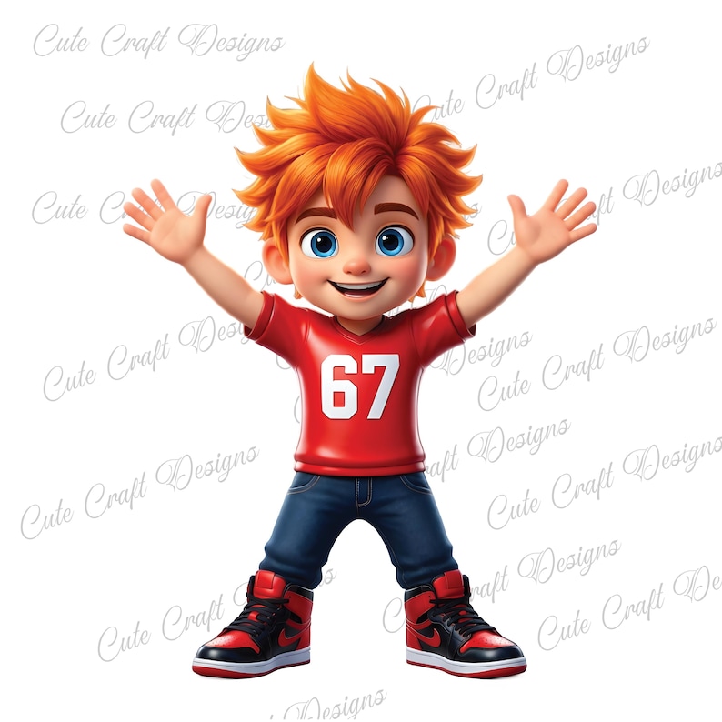 May include: A cartoon illustration of a boy with bright orange hair and blue eyes, wearing a red shirt with the number 67, blue jeans, and red and black sneakers. The boy has his arms raised in a gesture of joy.
