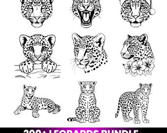 Paquete de más de 200 archivos SVG de leopardo / Imágenes prediseñadas de leopardo en formato PNG / SVG de grandes felinos / Contorno de la cara del leopardo / Archivos de corte para Cricut / Estilo tatuaje / Diseño para sublimación