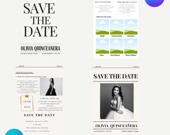 Plantilla de periódico para guardar la fecha de quinceañera / Invitación editable de Canva para quinceañeras / Invitación de periódico para dulces 15 / Periódico con foto de quinceañera