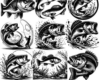 Paquete SVG de lubina, más de 30 diseños de lubina, SVG de pescador, SVG de pesca para Cricut, diseño de camiseta de pesca de lubina, archivo de corte de silueta