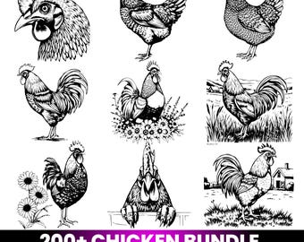 Paquete de más de 200 diseños SVG de pollos, gallo SVG, pollo vintage PNG, imágenes prediseñadas de animales de granja, SVG estilo grabado, archivos de corte para Cricut