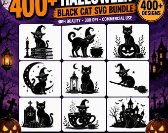 400+ Halloween Black Cat SVG Bundle | Witch Cat, Pumpkin Cat, Spooky Kitten Clipart | Cricut Silhouette Cut Files, PNG Dxf