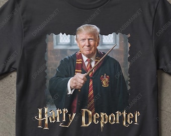 Pode incluir: Uma t-shirt preta de manga curta feita de 100% algodão. A frente apresenta um gráfico de uma pessoa com túnica e cachecol de feiticeiro segurando uma varinha, com o texto "Harry Deporter" impresso abaixo numa fonte de cor dourada e gola redonda.