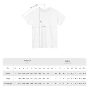 May include: A white t-shirt with a sizing guide diagram showing length, width, and sleeve length. Below the shirt is a table listing measurements in centimetres for sizes S through 5XL, including width, length, and sleeve length for each size.