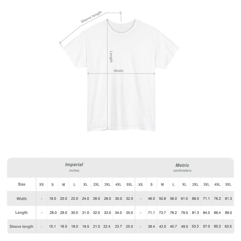 May include: A white t-shirt with a sizing guide diagram showing length, width, and sleeve length. Below the shirt is a table listing measurements in centimetres for sizes S through 5XL, including width, length, and sleeve length for each size.