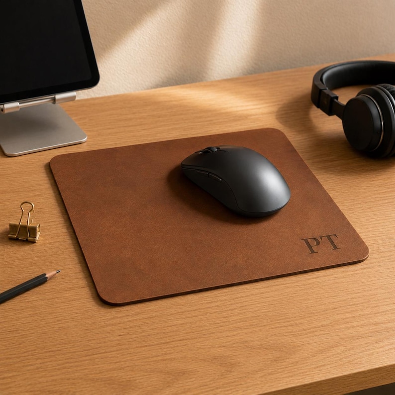 May include: A square brown leather mouse pad with rounded corners and the letters PT embossed in the bottom right corner. A black computer mouse is positioned on the center of the pad, which features a smooth, matte surface texture.