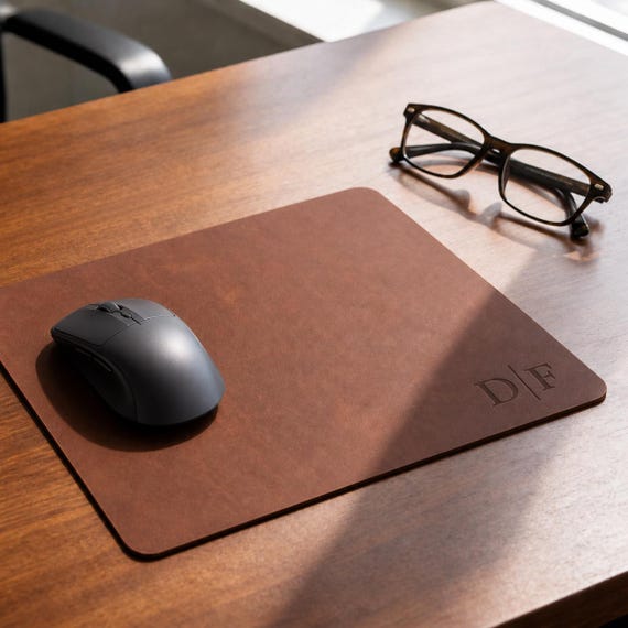 Personalized Crazy Horse Leather Mouse Pad, Laser Engraved Monogram, Elegant Office Gift