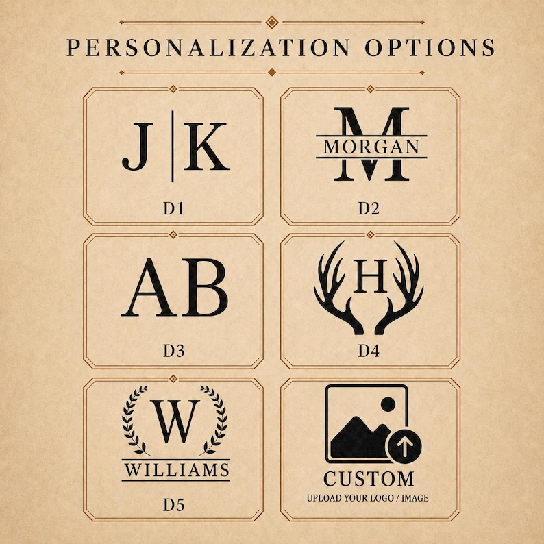 May include: A chart titled PERSONALIZATION OPTIONS displaying six black graphic designs on a tan background. The designs include monogram initials, a name in a split letter, antlers with an initial, a laurel wreath with a name, and a custom upload icon.