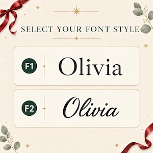 以下が含まれることがあります： 上部に「SELECT YOUR FONT STYLE」と書かれたフォント選択チャート。2つのオプションが表示されており、F1はセリフ体で「Olivia」、F2はスクリプト体で「Olivia」と記載されています。背景はクリーム色で、赤いリボンがあしらわれています。