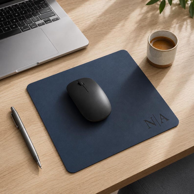 May include: A square navy blue leather mouse pad featuring the embossed letters N|A in the bottom right corner. The mouse pad has a smooth surface and rounded corners, with a black wireless computer mouse placed in the center of the pad.