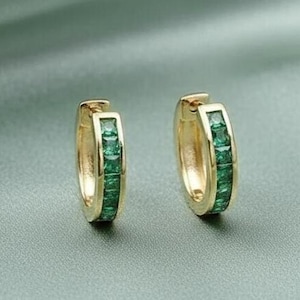 Veridian Vault Green Emerald Hoop Handmade Earrings 14K Yellow Gold & Silver Jewelry Gift