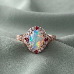 May include: A rose gold ring featuring a central oval-cut opal gemstone surrounded by a halo of small white diamonds and four small red rubies. The band has a delicate, textured metal design that tapers toward the sides of the ring setting.