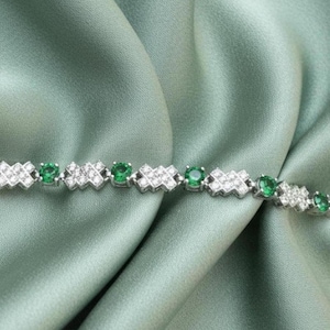 Geometric Emerald & Diamond Wedding Tennis Link Bracelet 14K White Gold Silver Women's Jewelry image 1