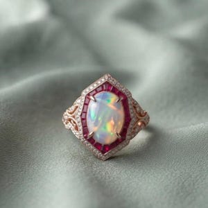 May include: A ring featuring a central oval-shaped iridescent opal surrounded by a hexagonal border of deep red baguette-cut stones. The setting is crafted from a metallic material adorned with small white pavé stones along the band.