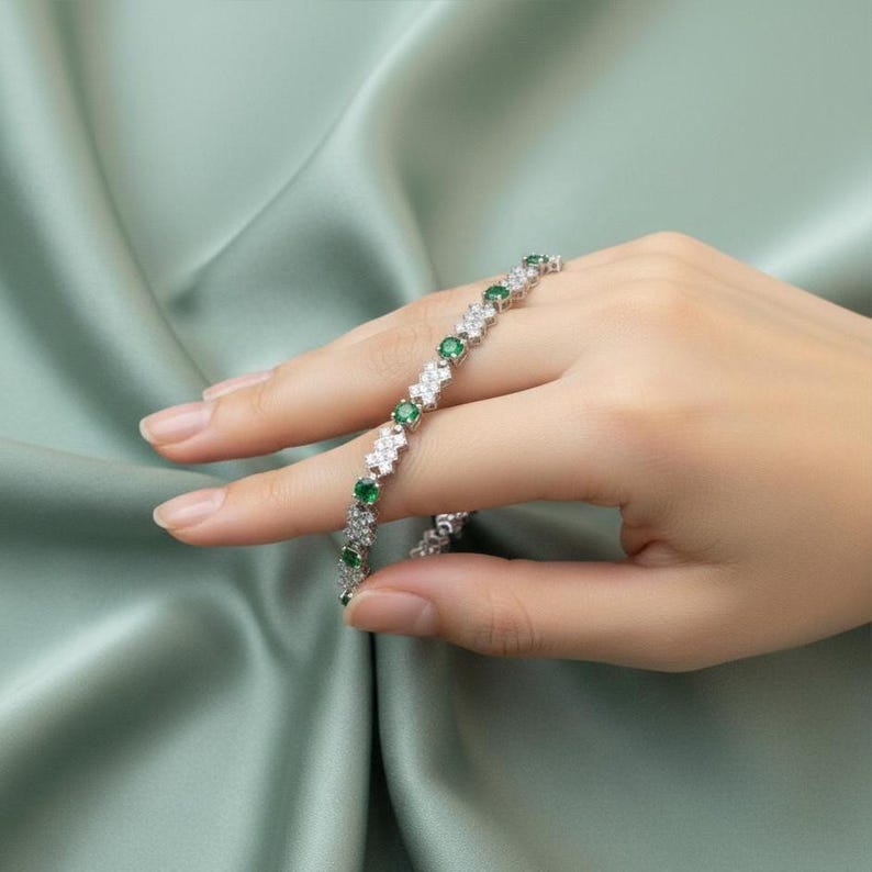 Geometric Emerald & Diamond Wedding Tennis Link Bracelet 14K White Gold Silver Women's Jewelry image 3