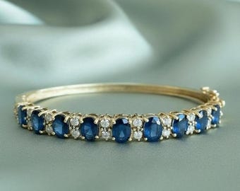 Royal Oval Sapphire Eternity Bangle Bracelet For Women 14K White Gold & Silver Wedding Jewelry