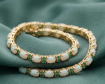 Fire Opal & Emerald Arctic Reflection Tennis Bracelet 14K Yellow Gold Silver Women Jewelry