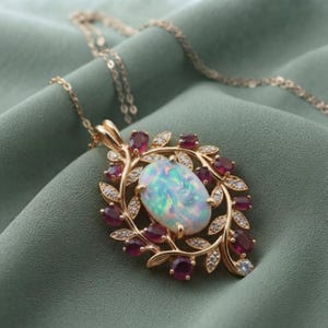 Fire Opal Leaf Cluster & Ruby Accent Pendant 14K Yellow Gold Silver Occasional Necklace Her