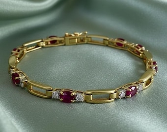 Ruby Diamond Box Link Tennis Women Bracelet Handmade Charm Jewelry 14K Yellow Gold & Silver