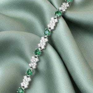 Geometric Emerald & Diamond Wedding Tennis Link Bracelet 14K White Gold Silver Women's Jewelry image 2